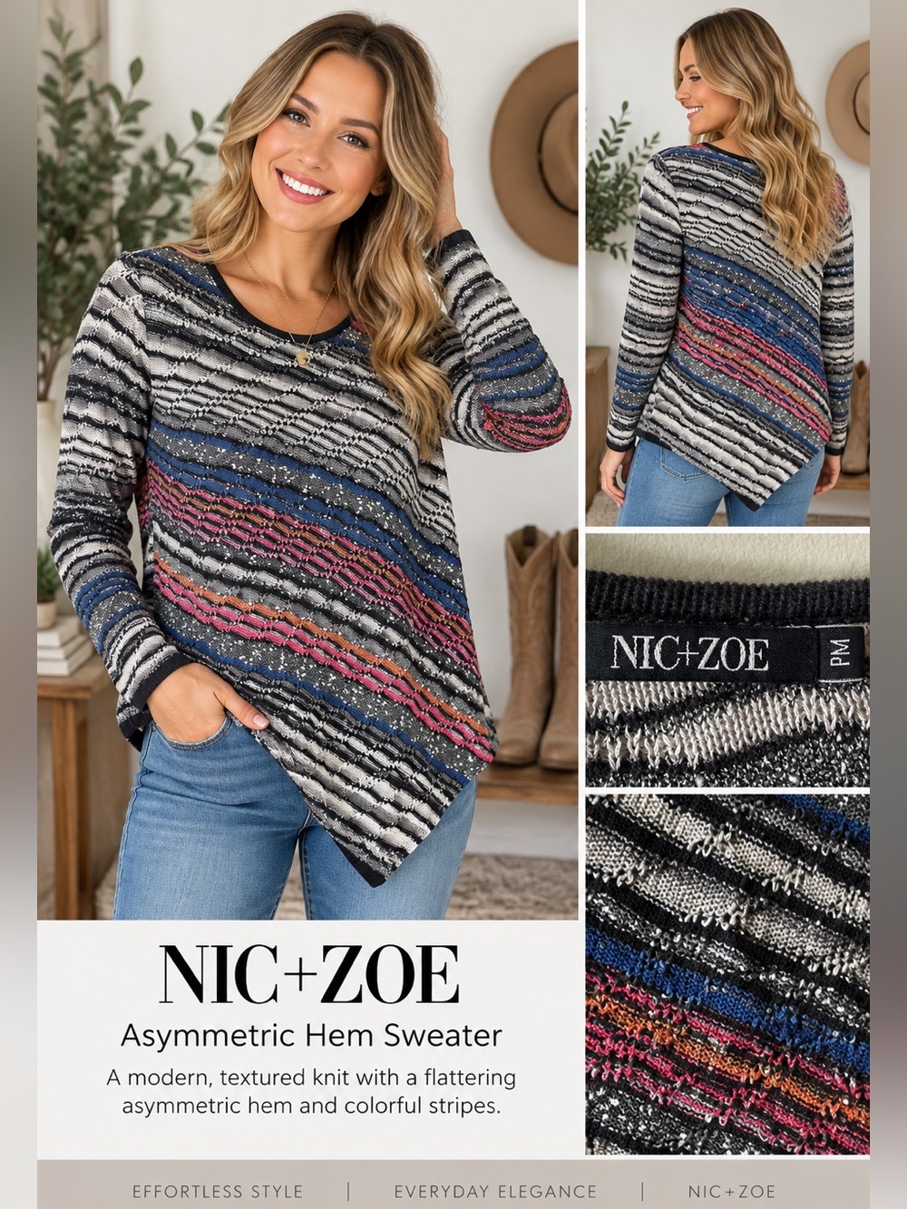 NIC+ZOE Multicolor Striped Asymmetrical Hem Sweater M Textured Knit
